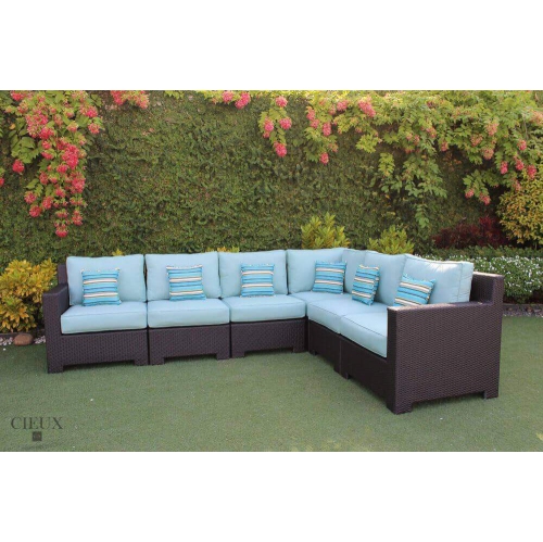 CIEUX Provence Outdoor Patio Wicker Rattan Modular L-Shaped Sectional Sofa in Blue