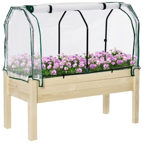 Outsunny Jardinière sur pieds potager dim. 48 x 22 x 46 inch bâche PE enroulable trous de drainage inclus bois massif sapin acier bois naturel