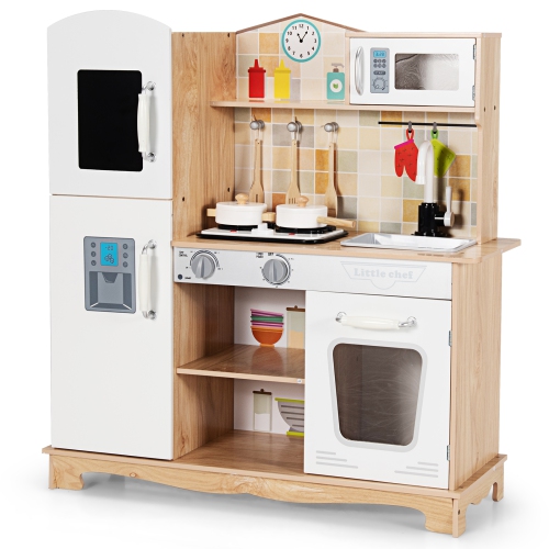 Topbuy Wooden Kids Kitchen Playset Cooking Play Toy with Cookware Utensils&Stove Toddlers Wooden Play Kitchen