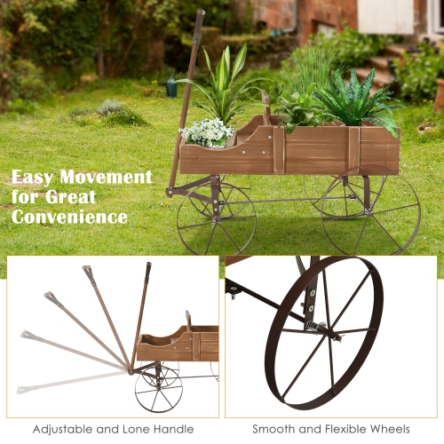 Topbuy Wooden Garden Flower Planter Wagon Wheel Plant Bed Decorative Garden Planter for Backyard Garden Brown