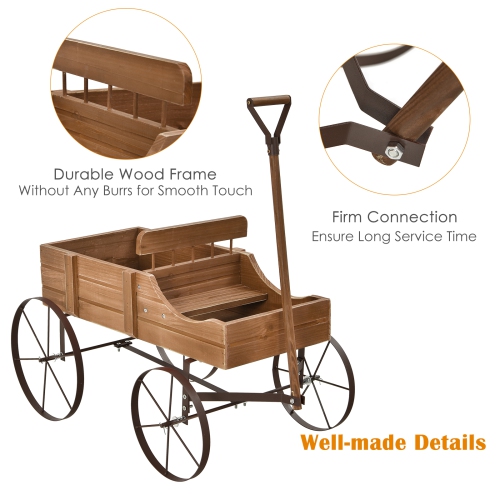 Topbuy Wooden Garden Flower Planter Wagon Wheel Plant Bed Decorative Garden Planter for Backyard Garden Brown