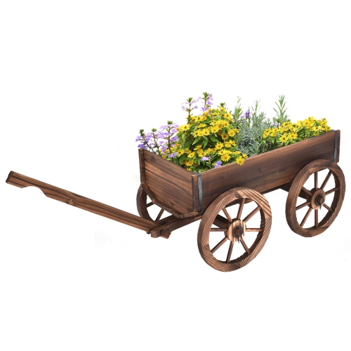 Topbuy Outdoor Flower Planter Wood Wagon Decor Wheels