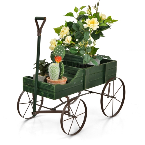 TOPBUY  Wooden Garden Flower Planter Wagon Wheel Plant Bed Decorative Garden Planter for Backyard Garden In Green