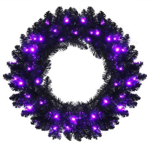 Topbuy 24" Black Halloween Wreath, Faux-Pine Wreath Powered by Battery, Pre-lit Artificial Wreath for Christmas