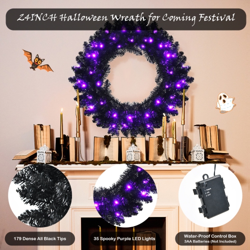 Topbuy 24" Black Halloween Wreath, Faux-Pine Wreath Powered by Battery, Pre-lit Artificial Wreath for Christmas