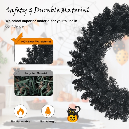 Topbuy 24" Black Halloween Wreath, Faux-Pine Wreath Powered by Battery, Pre-lit Artificial Wreath for Christmas