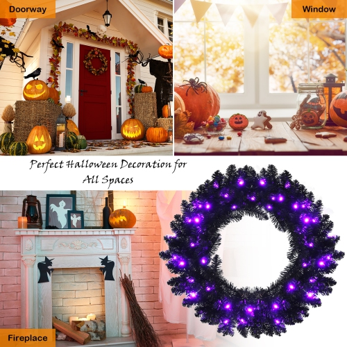 Topbuy 24" Black Halloween Wreath, Faux-Pine Wreath Powered by Battery, Pre-lit Artificial Wreath for Christmas