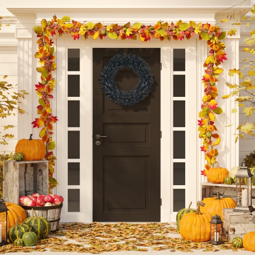 Topbuy 24" Black Halloween Wreath, Faux-Pine Wreath Powered by Battery, Pre-lit Artificial Wreath for Christmas