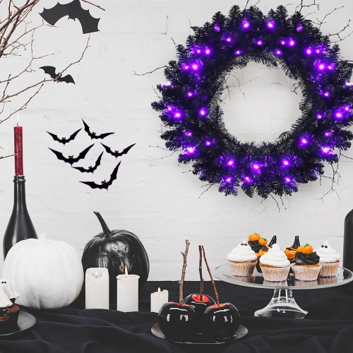 Topbuy 24" Black Halloween Wreath, Faux-Pine Wreath Powered by Battery, Pre-lit Artificial Wreath for Christmas