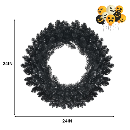 Topbuy 24" Black Halloween Wreath, Faux-Pine Wreath Powered by Battery, Pre-lit Artificial Wreath for Christmas