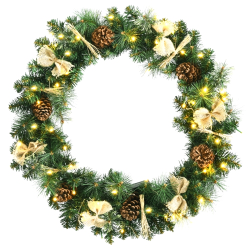 TOPBUY  30" Full Decorated Xmas Wreath Battery Powered Christmas Wreath W/ 50 Warm Led Lights & Rustic Ornaments In White