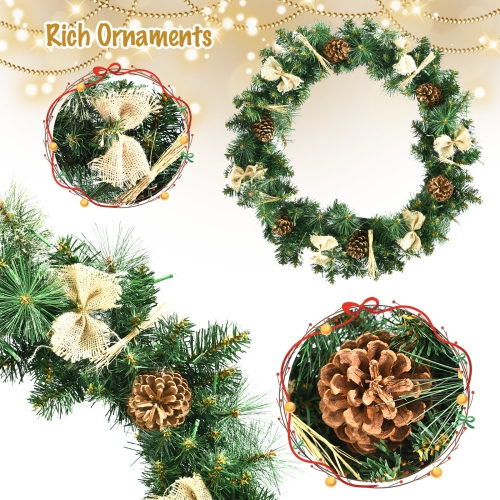 Topbuy 30" Full Decorated Xmas Wreath Battery Powered Christmas Wreath w/ 50 Warm White LED Lights & Rustic Ornaments