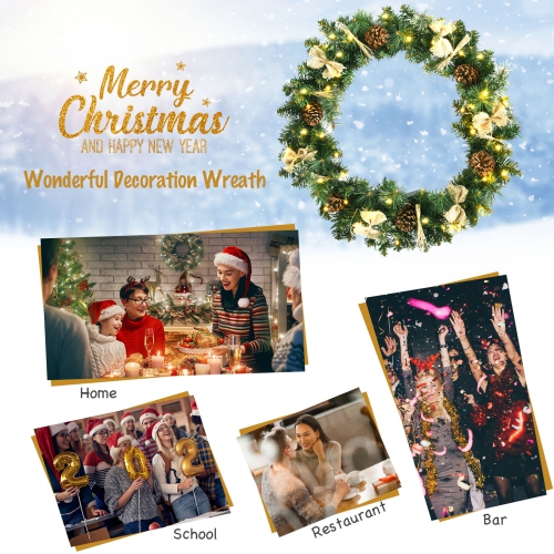 Topbuy 30" Full Decorated Xmas Wreath Battery Powered Christmas Wreath w/ 50 Warm White LED Lights & Rustic Ornaments