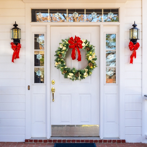 Topbuy 30" Full Decorated Xmas Wreath Battery Powered Christmas Wreath w/ 50 Warm White LED Lights & Rustic Ornaments
