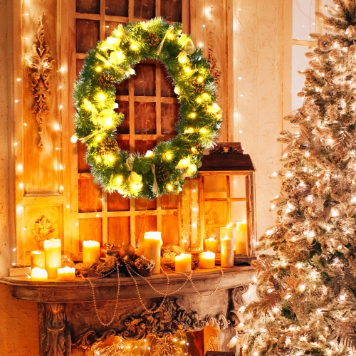 Topbuy 30" Full Decorated Xmas Wreath Battery Powered Christmas Wreath w/ 50 Warm White LED Lights & Rustic Ornaments