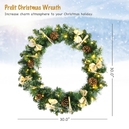 Topbuy 30" Full Decorated Xmas Wreath Battery Powered Christmas Wreath w/ 50 Warm White LED Lights & Rustic Ornaments