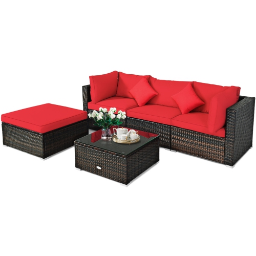 TOPBUY  5-Piece Outdoor Patio Sectional Rattan Wicker Sofa Set W/ Cushion