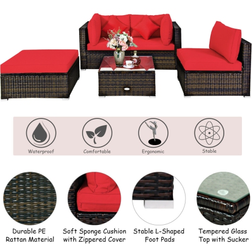 Topbuy 5-Piece Outdoor Patio Sectional Rattan Wicker Sofa Set w/ Cushion