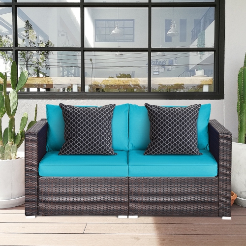 Topbuy 2-Piece Patio Wicker Corner Sofa Set Rattan Loveseat with Removable Cushions Black/Red/Brown/Turquoise