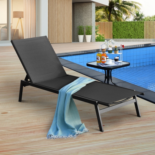 Patiojoy Patio Chaise Lounger with 6-Position Adjustable Backrest and Breathable Fabric Black