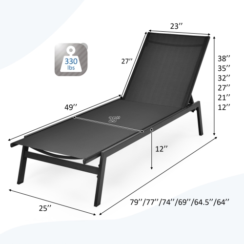 Patiojoy Patio Chaise Lounger with 6-Position Adjustable Backrest and Breathable Fabric Black