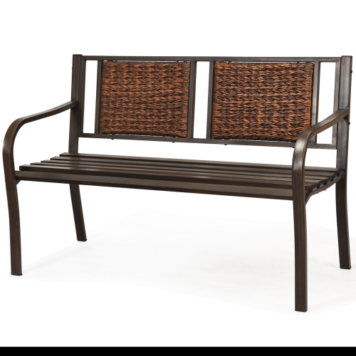 Topbuy Patio Garden Bench Rattan Backrest Park Bench Heavy-Duty Metal Chair Seat