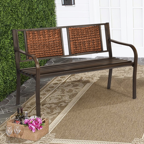 Topbuy Patio Garden Bench Rattan Backrest Park Bench Heavy-Duty Metal Chair Seat