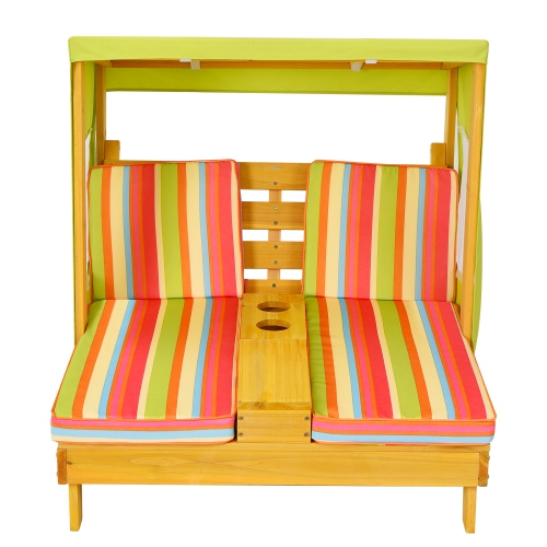 Topbuy Kids Patio Double Chaise Lounge Outdoor Wooden Recliner w/Canopy & Cup Holder