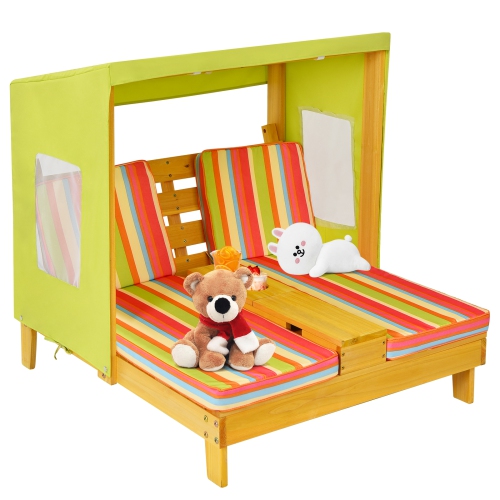 Topbuy Kids Patio Double Chaise Lounge Outdoor Wooden Recliner w/Canopy & Cup Holder