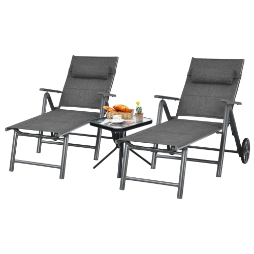 Patiojoy 2 PCS Patio Chaise Lounge Chair Outdoor Reclining Chair w/Neck Pillow & Wheels Gray