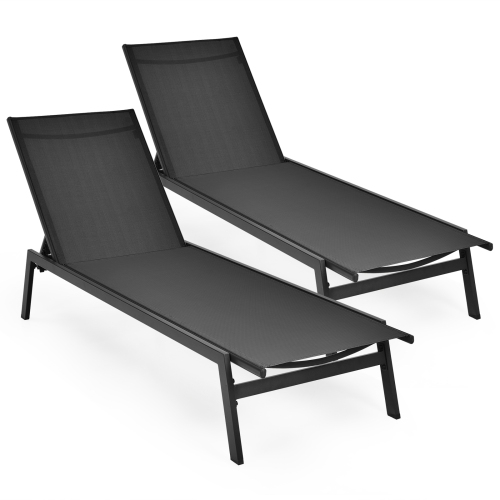 TOPBUY  Patiojoy 2PC Patio Chaise Lounger With 6-Postion Adjustable Backrest And Breathable Fabric In Black