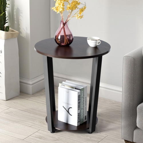 Topbuy 2-Tier Industrial Round End Table Metal Sofa Side Table W/ Storage Shelf