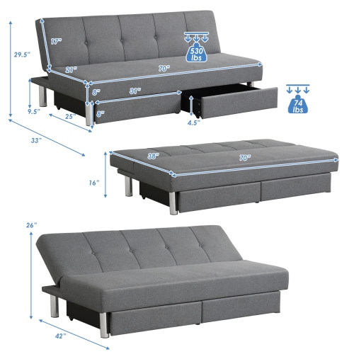 Topbuy 3-Seat Adjustable Sofa Bed Long Sofa with 2 Drawer with 3 Adjustable Angles