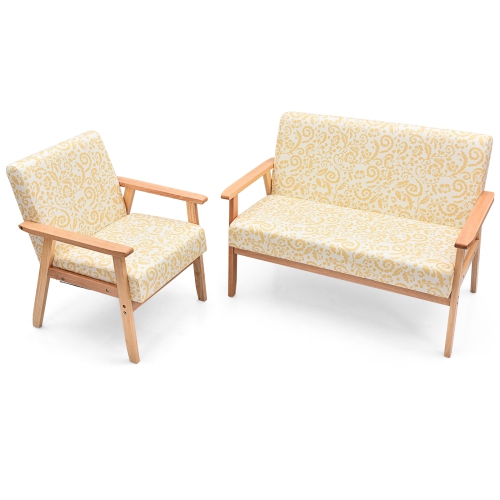 Topbuy 2 Piece Loveseat and Single Sofa Set Fabric Upholstered Couch & Accent Armchair White+Blue/Blue/Yellow Floral