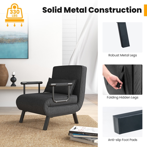 Canapé-lit pliant à accoudoirs de TopBuy, fauteuil inclinable, 5 positions, entièrement rembourré