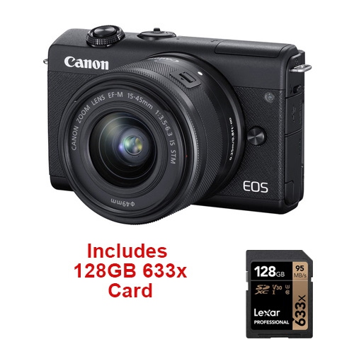 Canon M200 with 15-45mm Lens Black + Lexar 128GB 633x Card