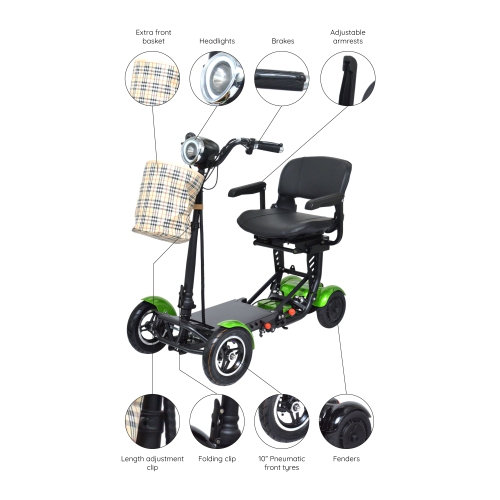 Trottinette de voyage pliable, panier avant en alliage d'aluminium de qualité aéronautique, capacité 300&nbsp;lb jusqu'à 12 milles - couleur verte