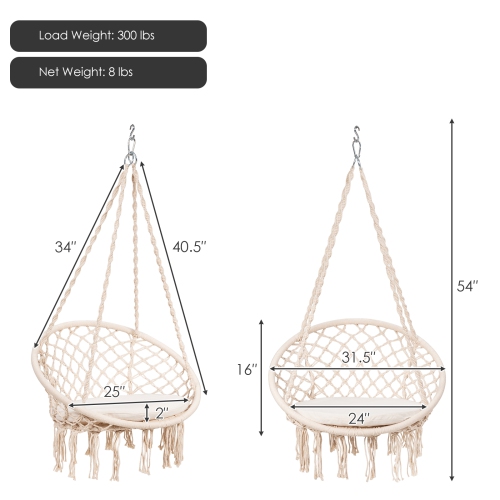 Topbuy Hammock Chair Macrame Swing Knitted Mesh Rope Hanging Hardware Kit for Indoor Outdoor Beige/Black/Turquoise/Grey