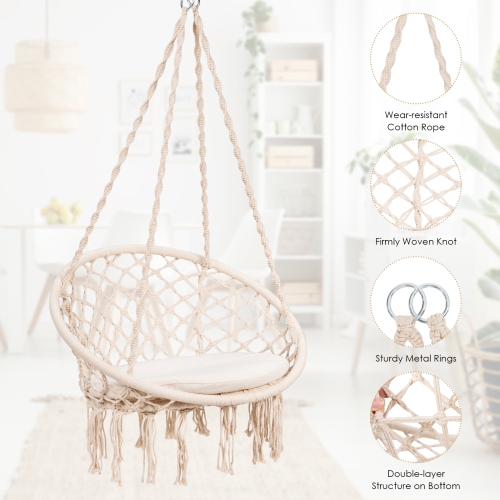 Topbuy Hammock Chair Macrame Swing Knitted Mesh Rope Hanging Hardware Kit for Indoor Outdoor Beige/Black/Turquoise/Grey