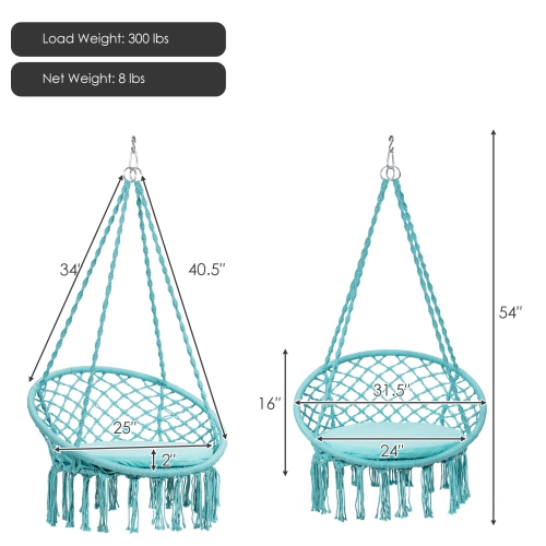 Topbuy Hammock Chair Macrame Swing Knitted Mesh Rope Hanging Hardware Kit for Indoor Outdoor Beige/Black/Turquoise/Grey