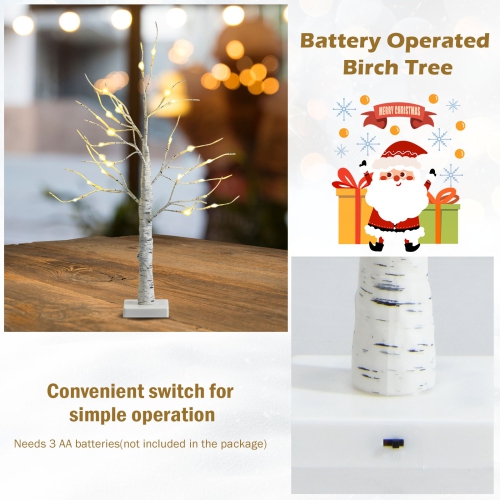 Topbuy Artificial White Birch Tree 2ft Pre-lit Tabletop Christmas Tree w/ 24 Battery-operated Warm White LED Lights