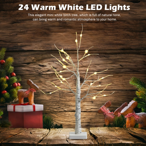 Topbuy Artificial White Birch Tree 2ft Pre-lit Tabletop Christmas Tree w/ 24 Battery-operated Warm White LED Lights