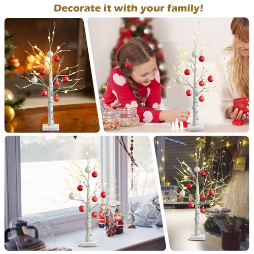 Topbuy Artificial White Birch Tree 2ft Pre-lit Tabletop Christmas Tree w/ 24 Battery-operated Warm White LED Lights