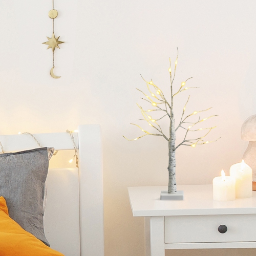 Topbuy Artificial White Birch Tree 2ft Pre-lit Tabletop Christmas Tree w/ 24 Battery-operated Warm White LED Lights