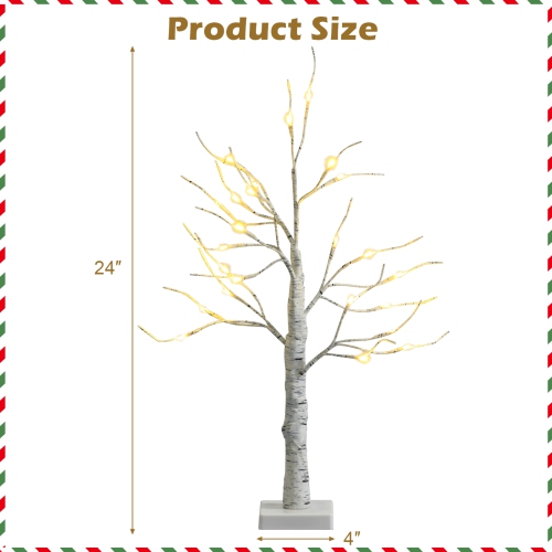Topbuy Artificial White Birch Tree 2ft Pre-lit Tabletop Christmas Tree w/ 24 Battery-operated Warm White LED Lights