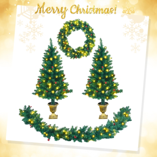 TOPBUY  Pre-Lit Holiday Christmas 4-Piece Set Door Wreath & Garland & Pack Of 2 Entrance Trees W/ 200 Led Lights & Berries In Red