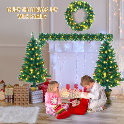 Topbuy Pre-Lit Holiday Christmas 4-Piece Set Door Wreath & Garland & Pack of 2 Entrance Trees W/ 200 LED Lights & Red Berries