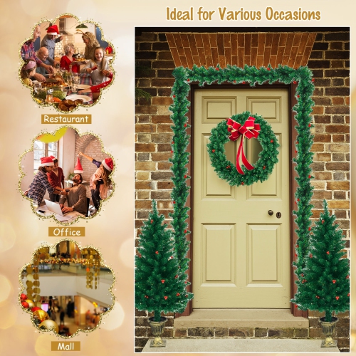 Topbuy Pre-Lit Holiday Christmas 4-Piece Set Door Wreath & Garland & Pack of 2 Entrance Trees W/ 200 LED Lights & Red Berries