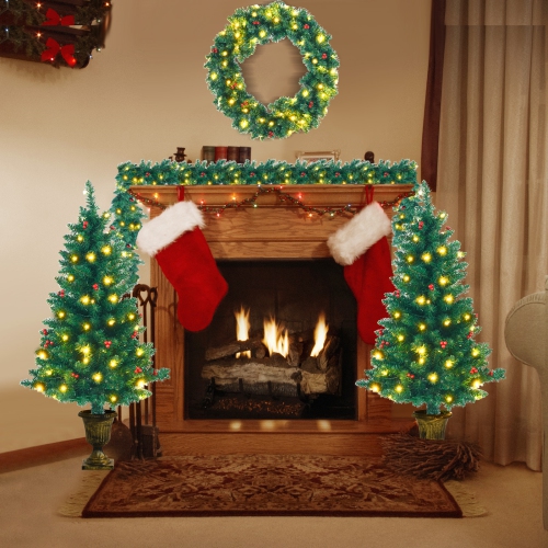 Topbuy Pre-Lit Holiday Christmas 4-Piece Set Door Wreath & Garland & Pack of 2 Entrance Trees W/ 200 LED Lights & Red Berries