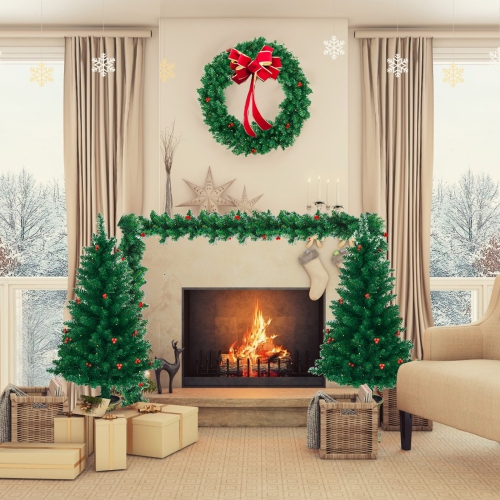 Topbuy Pre-Lit Holiday Christmas 4-Piece Set Door Wreath & Garland & Pack of 2 Entrance Trees W/ 200 LED Lights & Red Berries